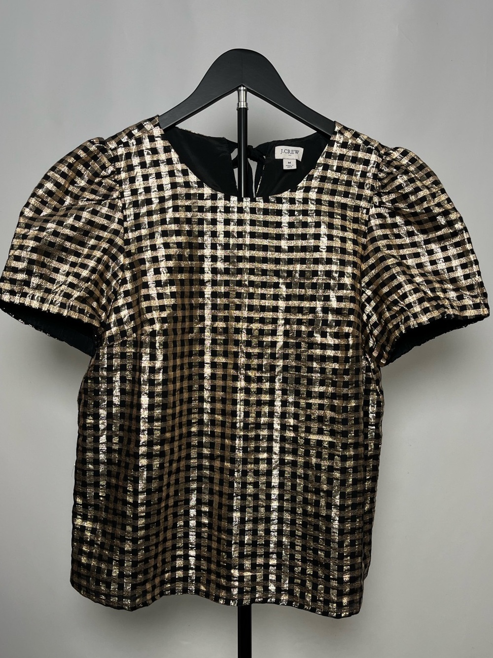 J. Crew Black and Gold Gingham Puff-Sleeve Top